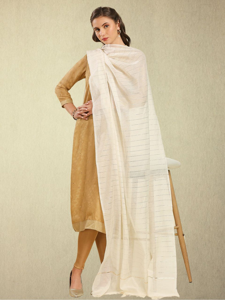 Cream & Gold Striped blended Silk Dupatta