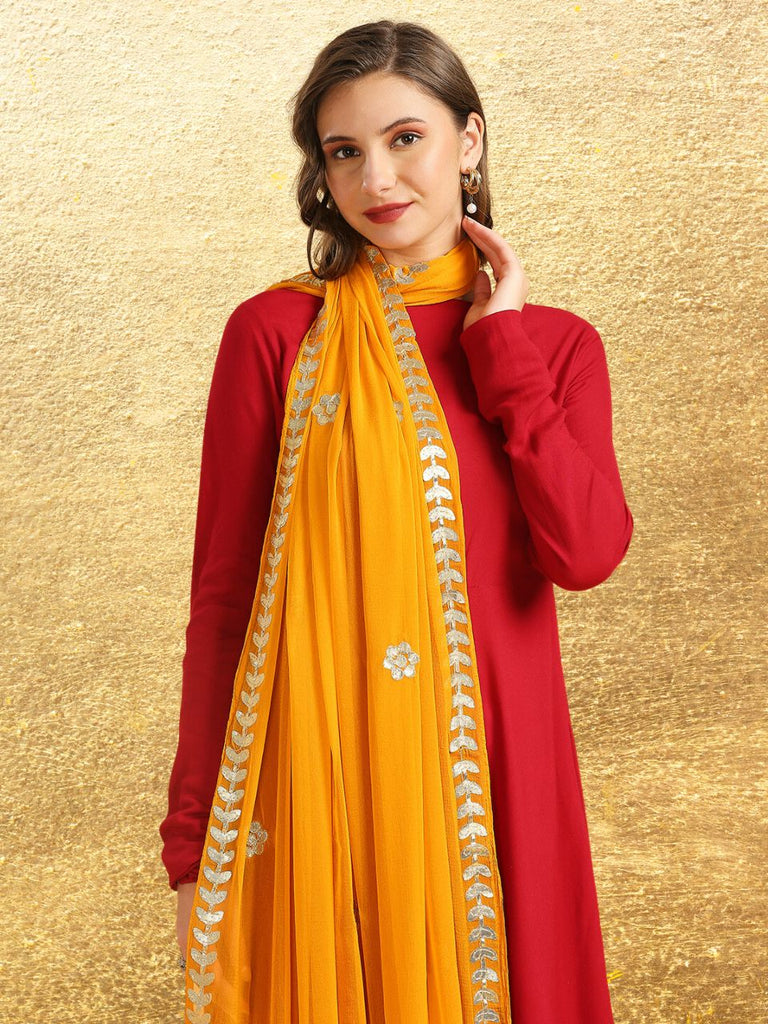 Mango Yellow Chiffon Dupatta with Gotta Patti Work.