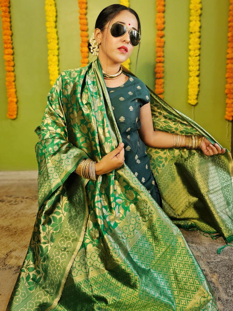 Green Banarasi Silk Dupatta with Floral Weaving