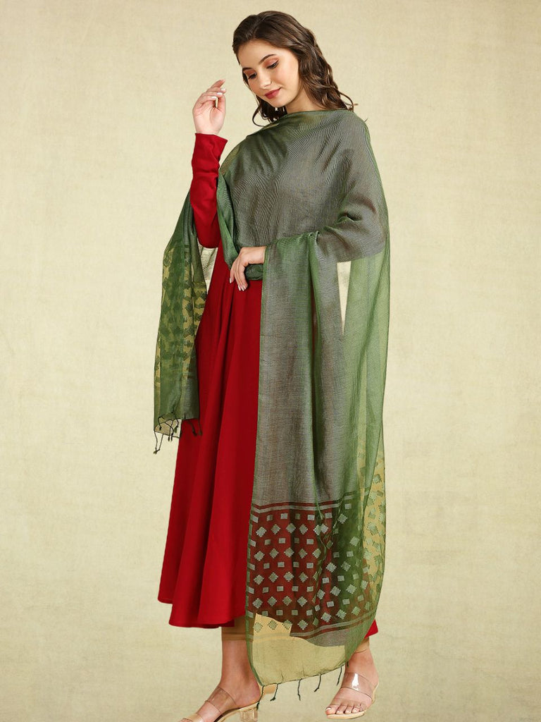 Sage Green Cotton Blend Dupatta with Self Designed Organza Sheer Border