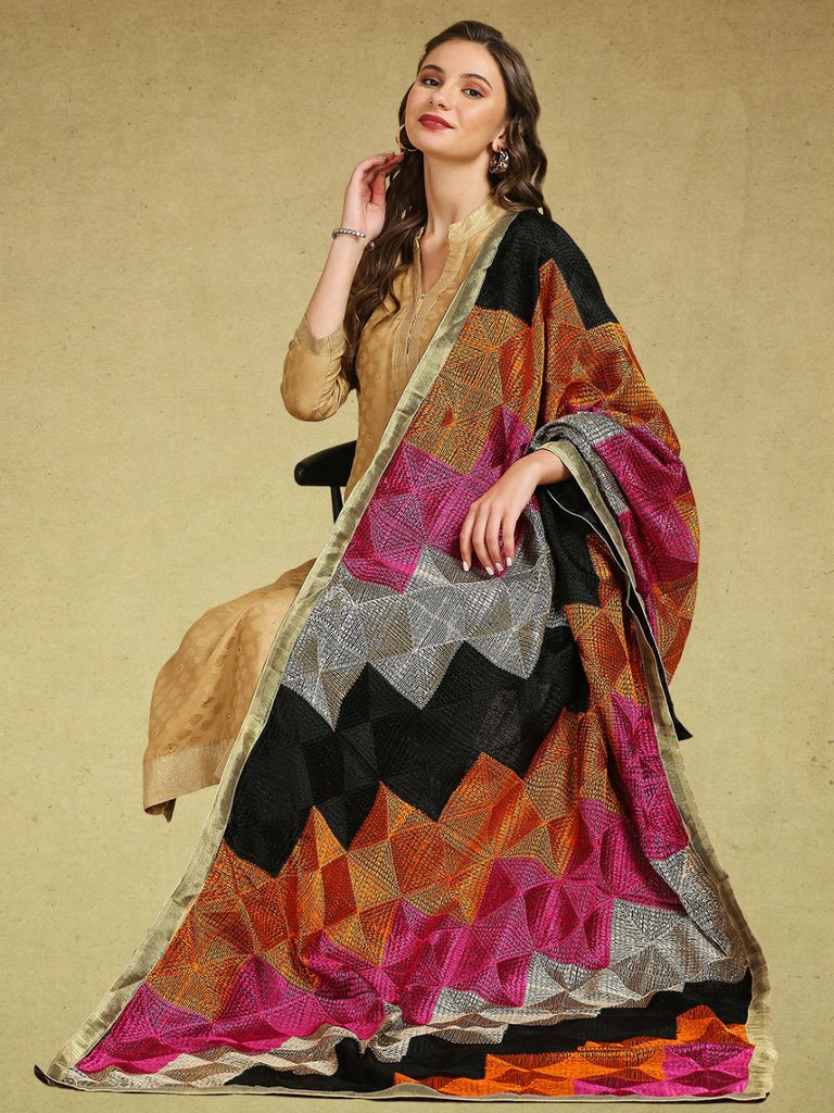 Pink, Black & Gold Phulkari Dupatta