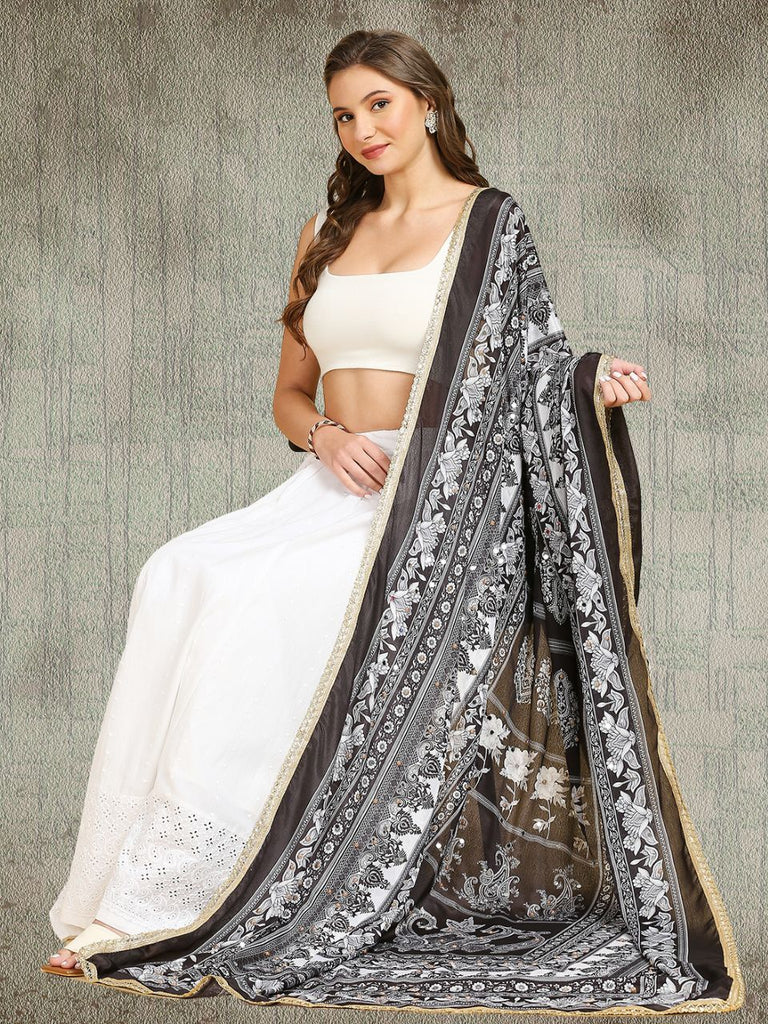 Digitally Printed Black & White Pakistani Chinnon Dupatta with Mirror Work