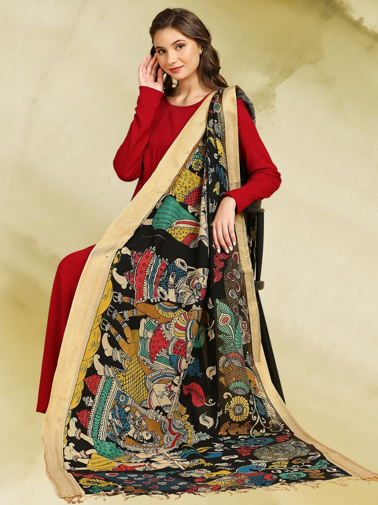 Black & Multicolour Hand Painted Kalamkari Pure Chennur Silk Dupatta