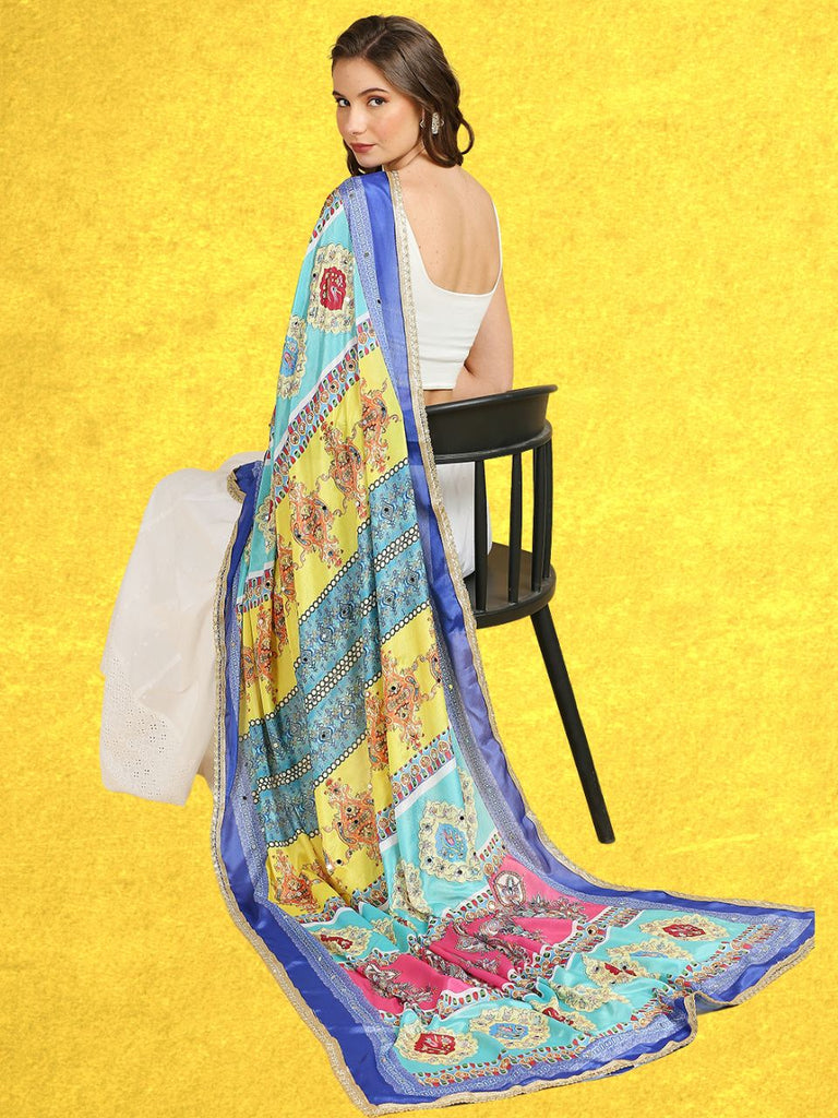 Digitally Printed Blue & Multicoloured Pakistani Chinnon Dupatta with Mirror Work