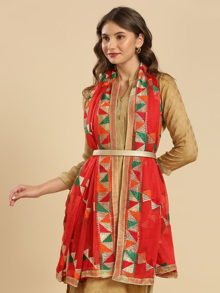 Embroidered Red Phulkari Chiffon Dupatta