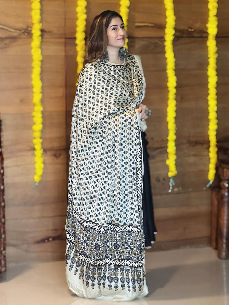 Beige & Blue Modal Silk handblock Printed Ajrakh Dupatta