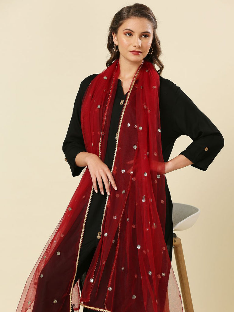 Golden Leaf Embellished Net Dupatta