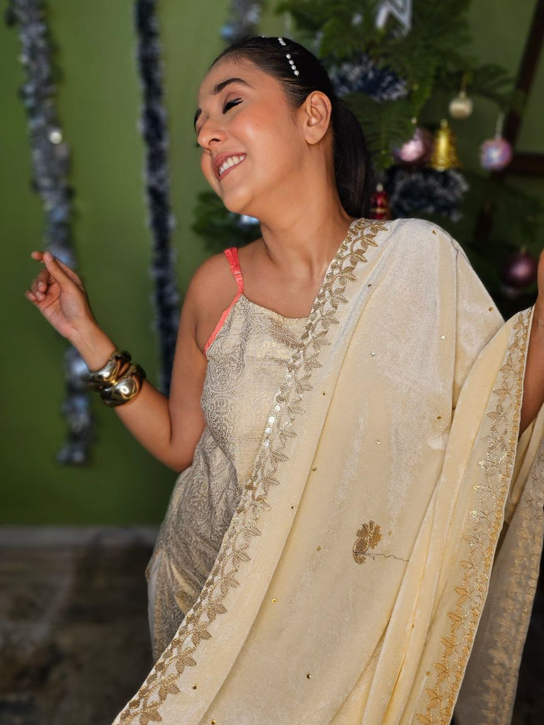 Dark Green Heavy Embroidered & Gotta Work Velvet Long Length Side Slit  Straight Gown with Cute Potli & Stylish Bustier