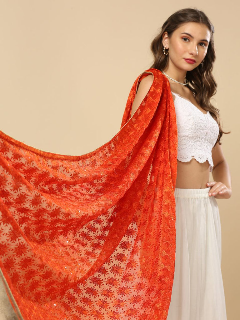 Orange Phulkari Chiffon Dupatta with All Over Embroidery