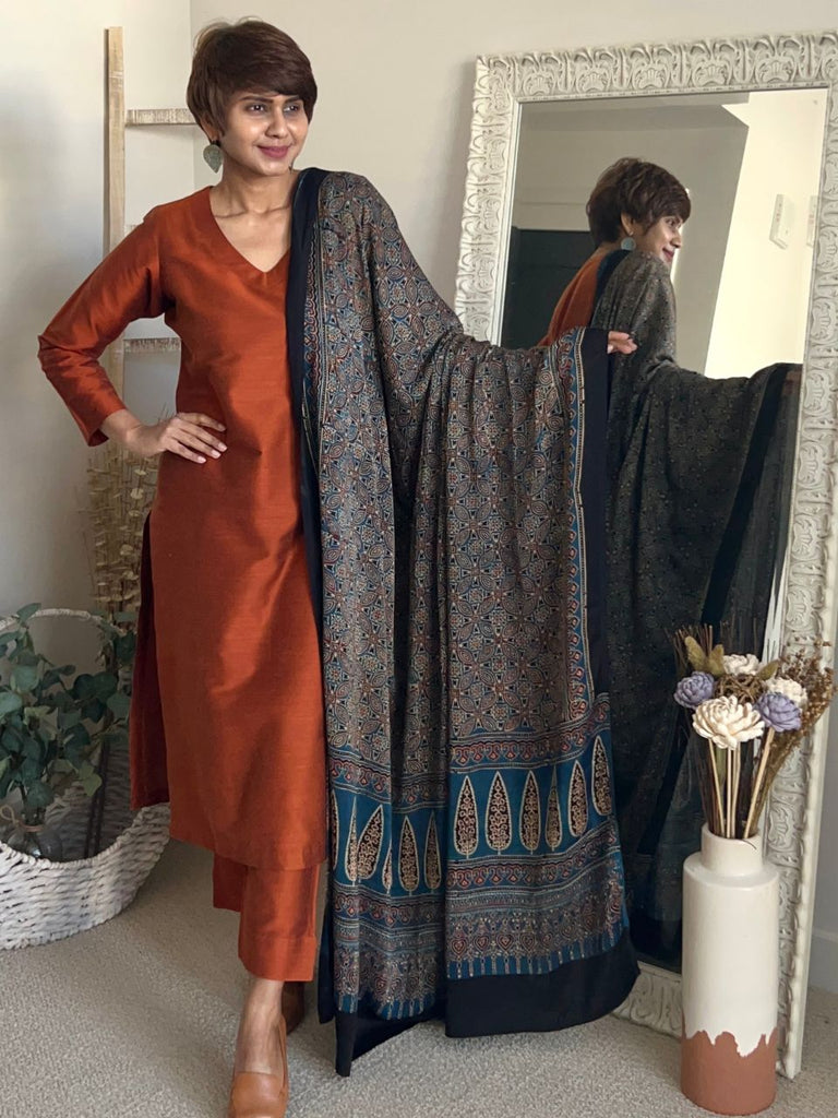 modal silk ajrakh dress material Indigo Ajrakh Maheshwari Cotton Silk Dress Material Weaves of Tradition
