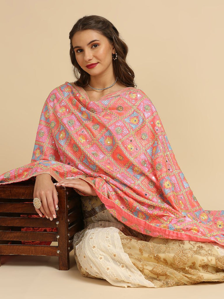 Coral & Multicoloured Embellished Phulkari Chiffon Dupatta