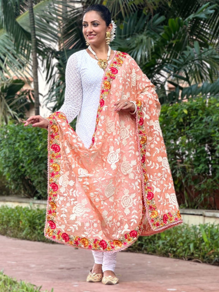 Heavily Floral Embroidered Peach Georgette Dupatta