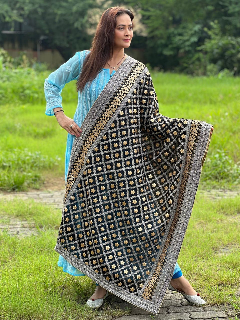 Black Georgette Lucknowi Work dupatta with Gotta Patti Work