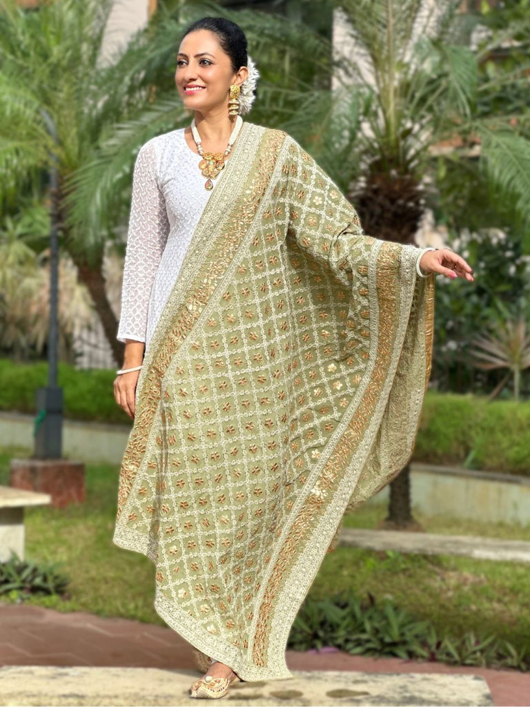 Olive Green Georgette Lucknowi Work dupatta with Gotta Patti Work