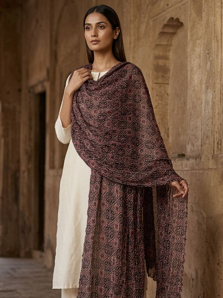 Black & Maroon Pure Cotton Dupatta in Artisanal Geometric Motif Print