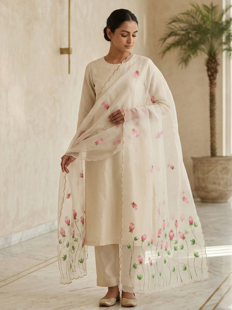 Pink & Green Tulip Flowers Hand Painted White Organza Dupatta with Scalloped Edges