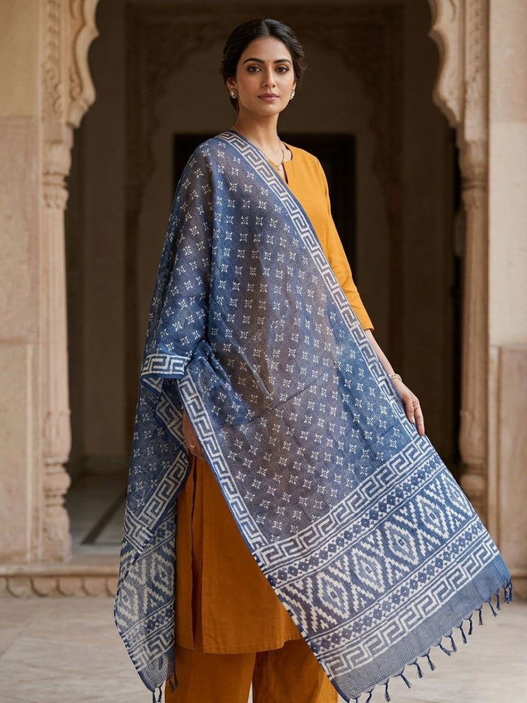Floral Motif Printed Indigo Hand Block Printed Pure Kota Doria Dupatta