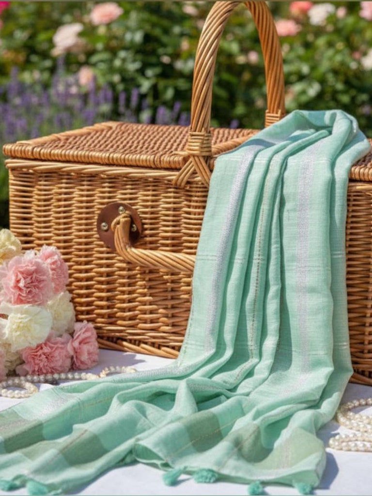 Sea Green Woven Thread Work Cotton Stole/ Scarf