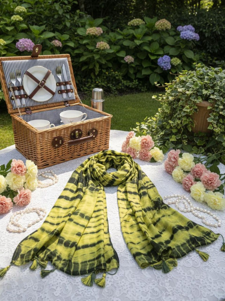 Shibori Style Light Green Tie and Dye Woven Handloom Stole