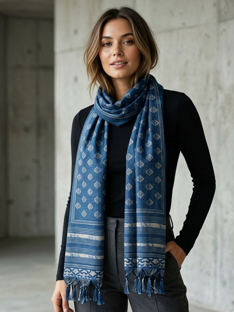 Indigo Ethnic Floral Motif Printed Art Silk Stole/Scarf