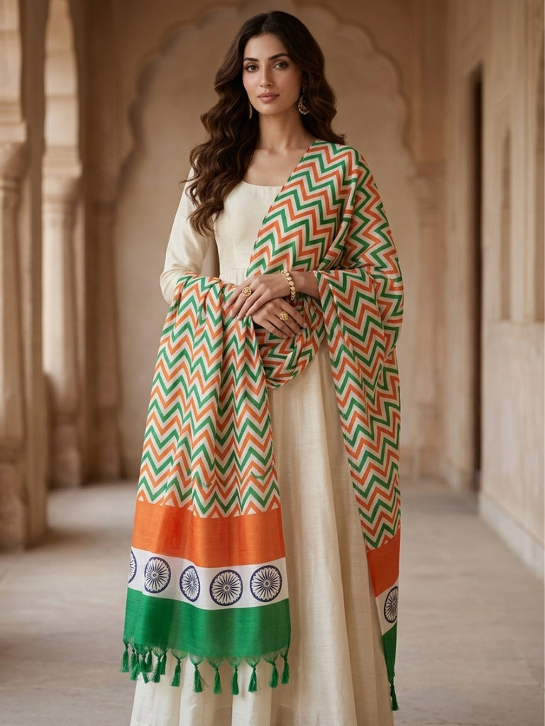 Tri Colour/Tiranga Zig Zag Printed Silk Dupatta