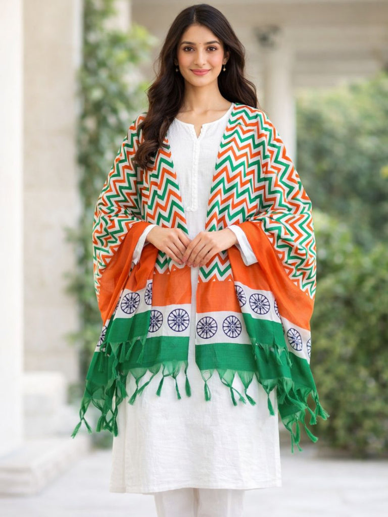 Tri Colour/Tiranga Zig Zag Printed Silk Dupatta
