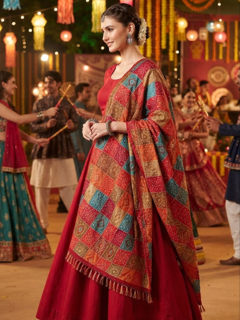 Multicoloured Bandhani Printed Art Silk Crushed Dupatta