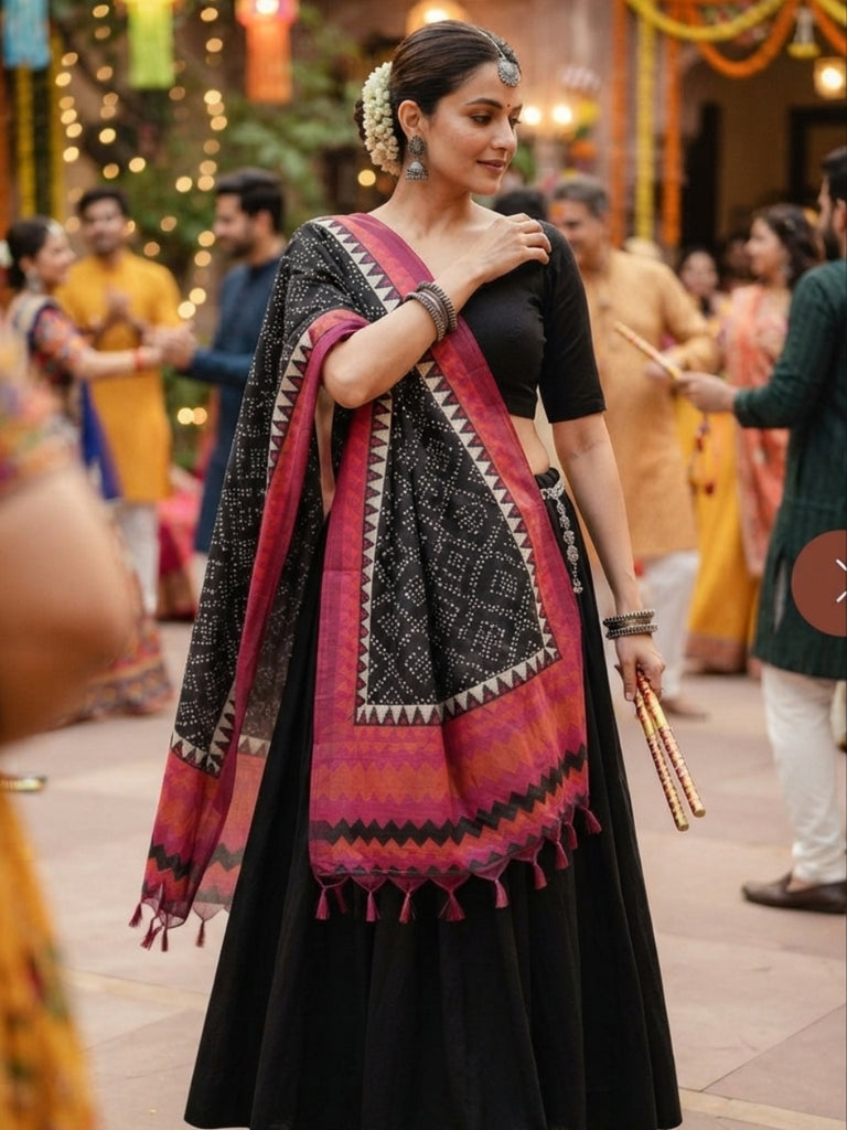 Black & Pink Printed Art Silk Dupatta
