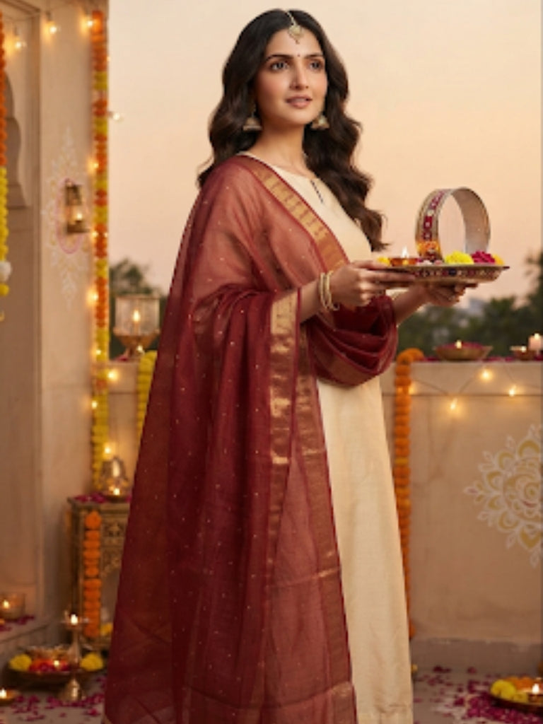 Maroon Banarasi Silk Blend Dupatta with Zari Weaving