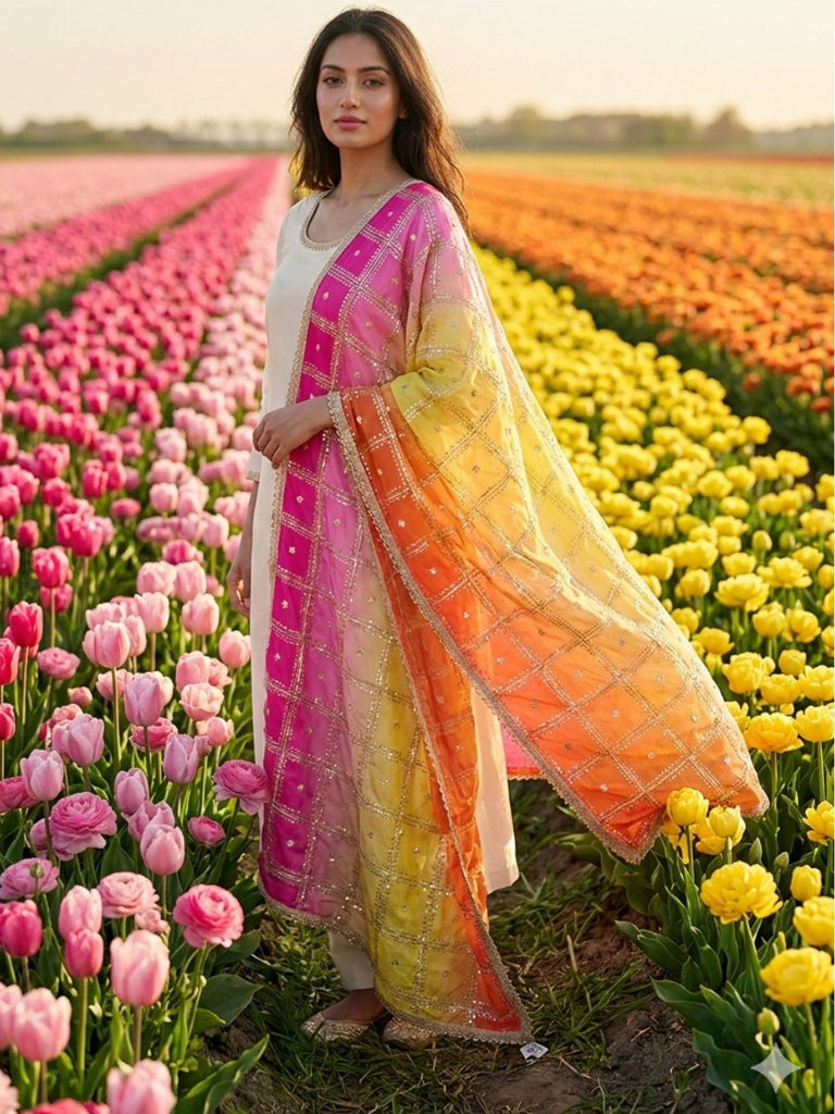 Shaded Chinnon Embroidered Dupatta with Checkered Embroidery