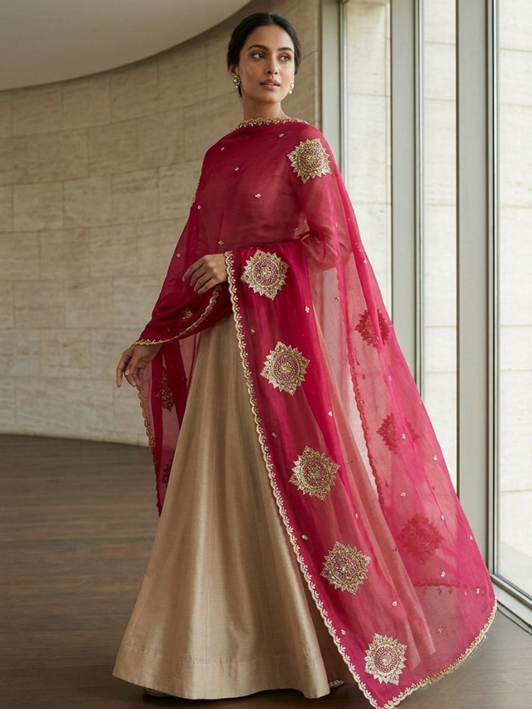 Motif Embroidered Glass Tissue Dupatta in Cherry Red