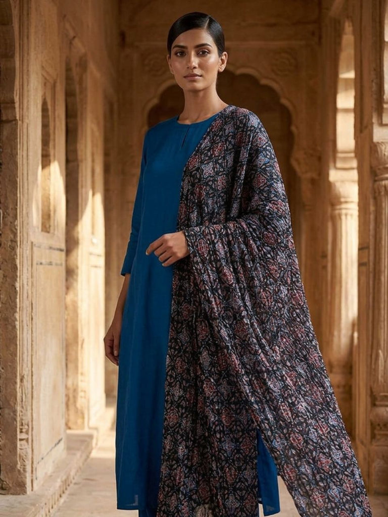 Black , Blue & Maroon Pure Cotton Dupatta in Ethnic Print