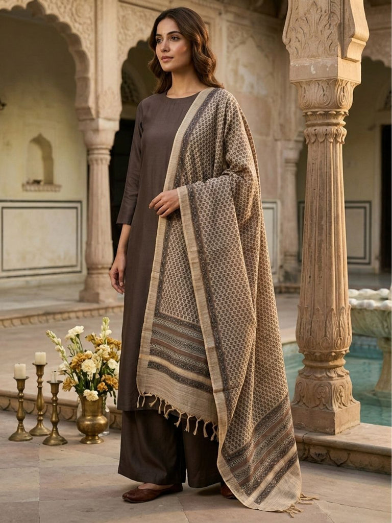 Brown Hand Mughal Block Printed Chanderi Dupatta