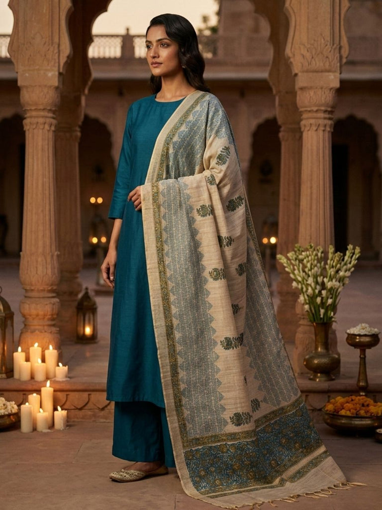 Turquoise Blue Hand Mughal Block Printed Chanderi Dupatta
