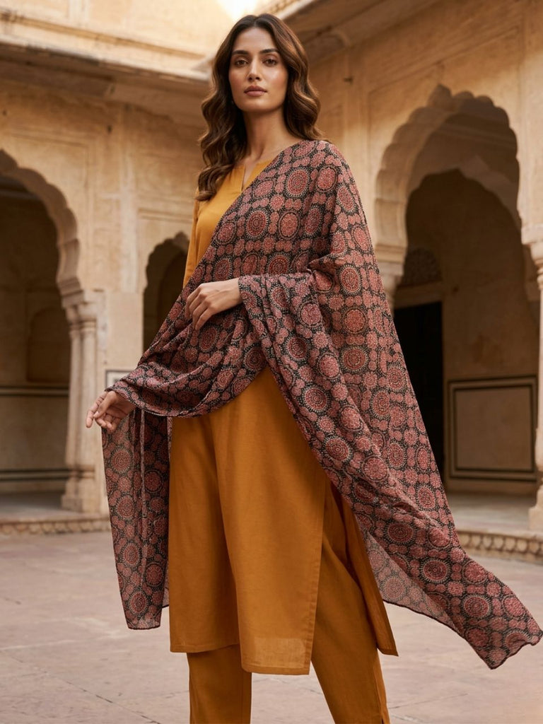 Black & Maroon Pure Cotton Dupatta in Polka Motif Print