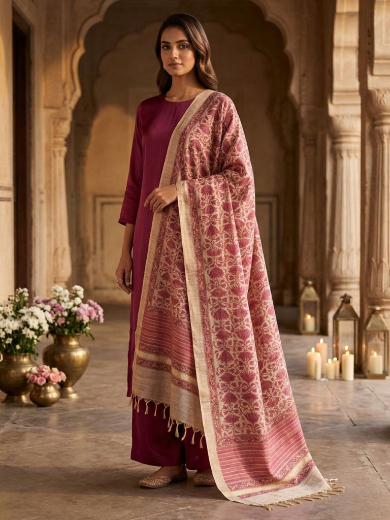 Pink All Over Floral Hand Block Printed  Chanderi Dupatta