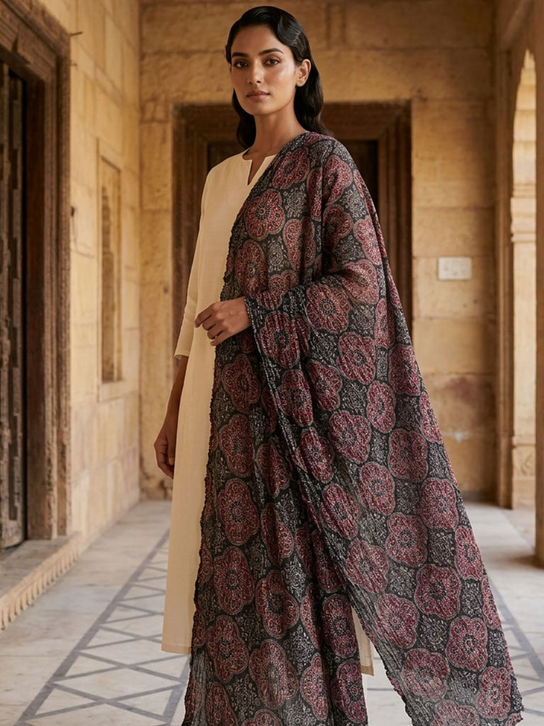 Black & Maroon Pure Cotton Dupatta in Ethnic Flower Motif Print