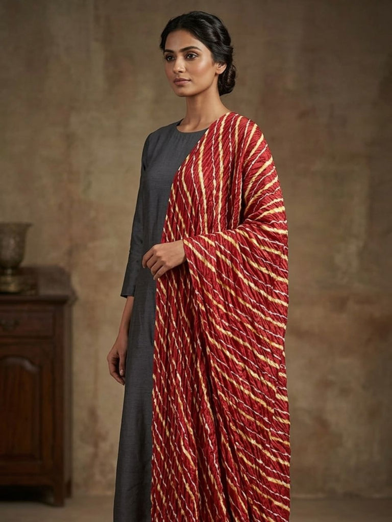 Maroon Leharia Printed Silk Crushed Dupatta