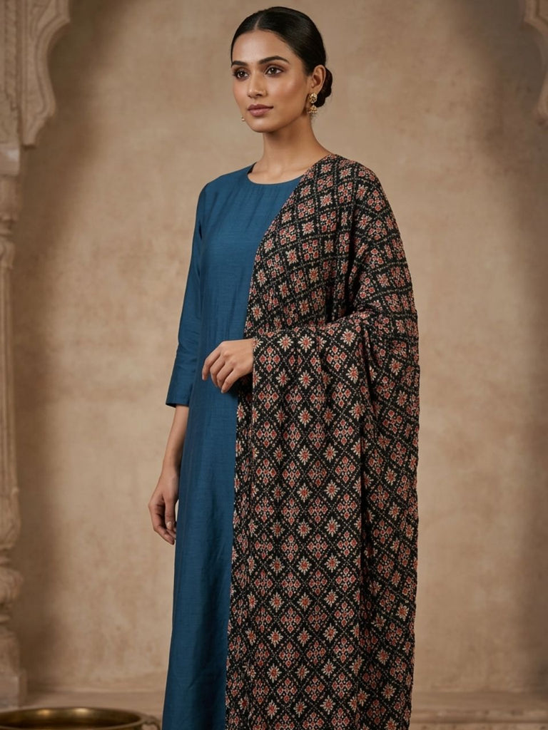 Black & Multi Patola Printed Silk Crushed Dupatta