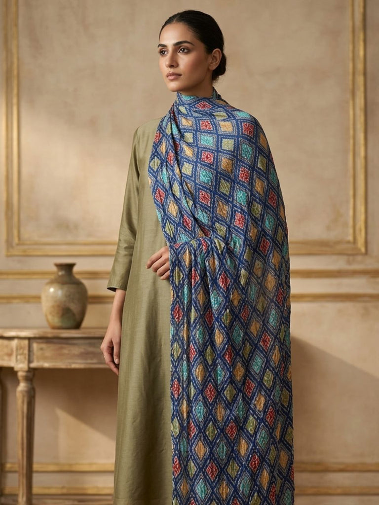 Blue & Multi Printed Silk Crushed Dupatta