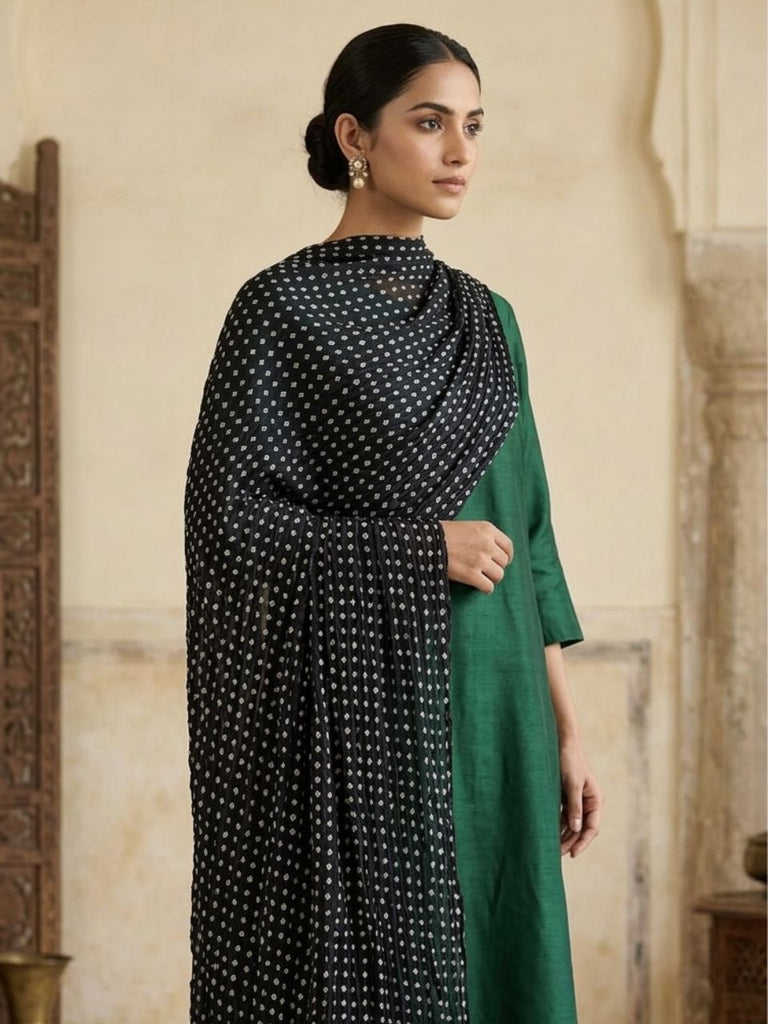 Black & White Printed Bandhini Art Silk Crushed Dupatta