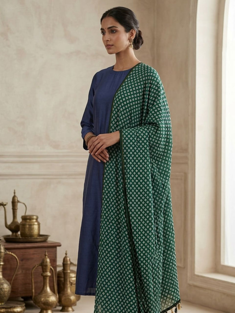 Green Printed Silk Crushed Dupatta