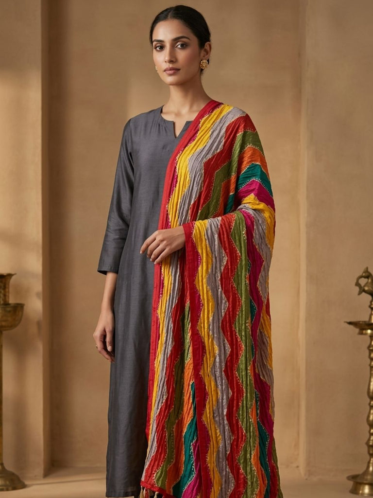 Multicoloured Leharia Printed Art Silk Crushed Dupatta