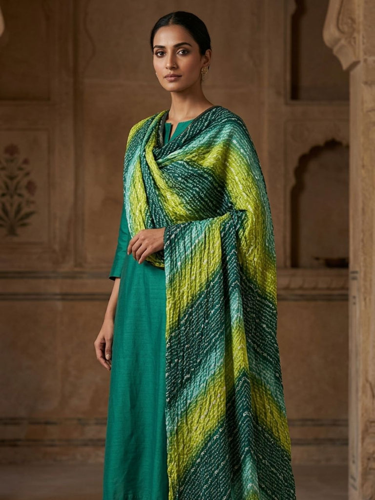 Green Melange Printed Bandhini Art Silk Crushed Dupatta