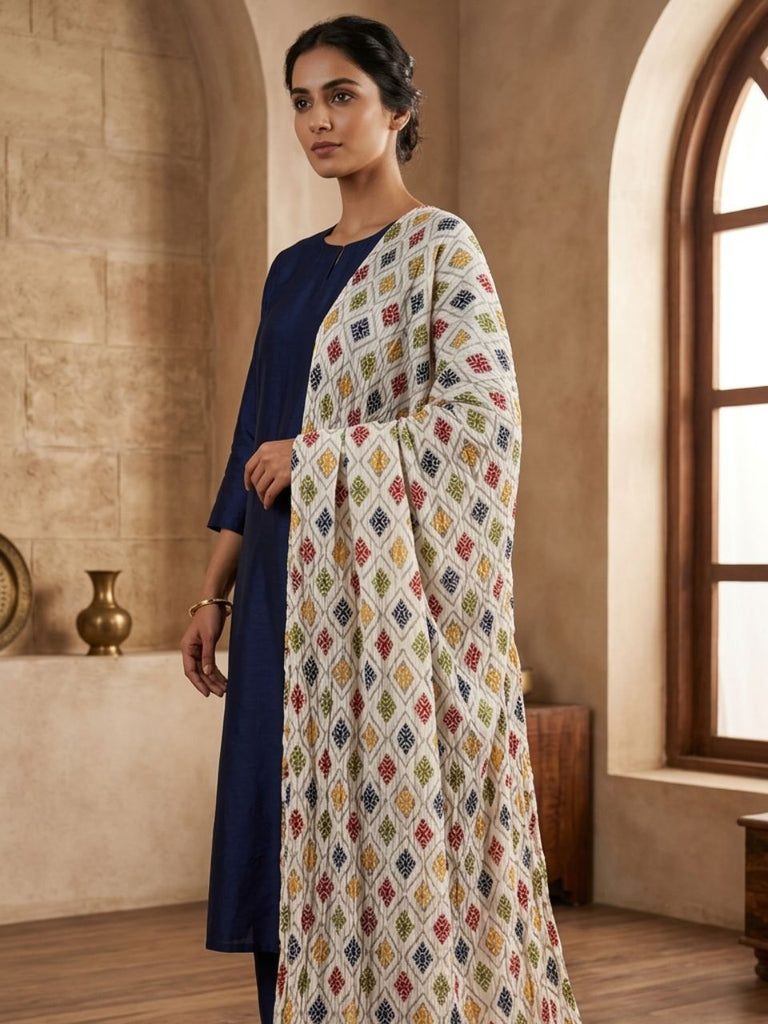White & Multi Printed Silk Crushed Dupatta