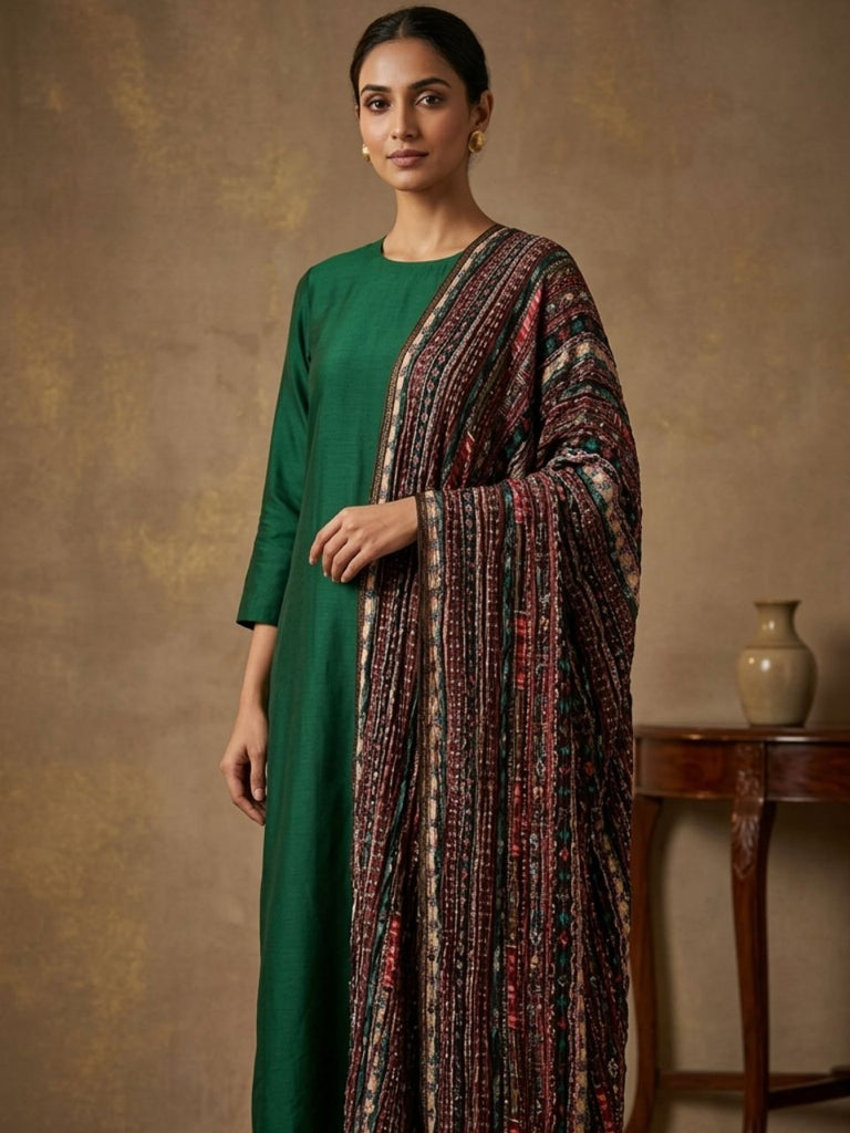 Black & Multi Printed Art Silk Crushed Dupatta
