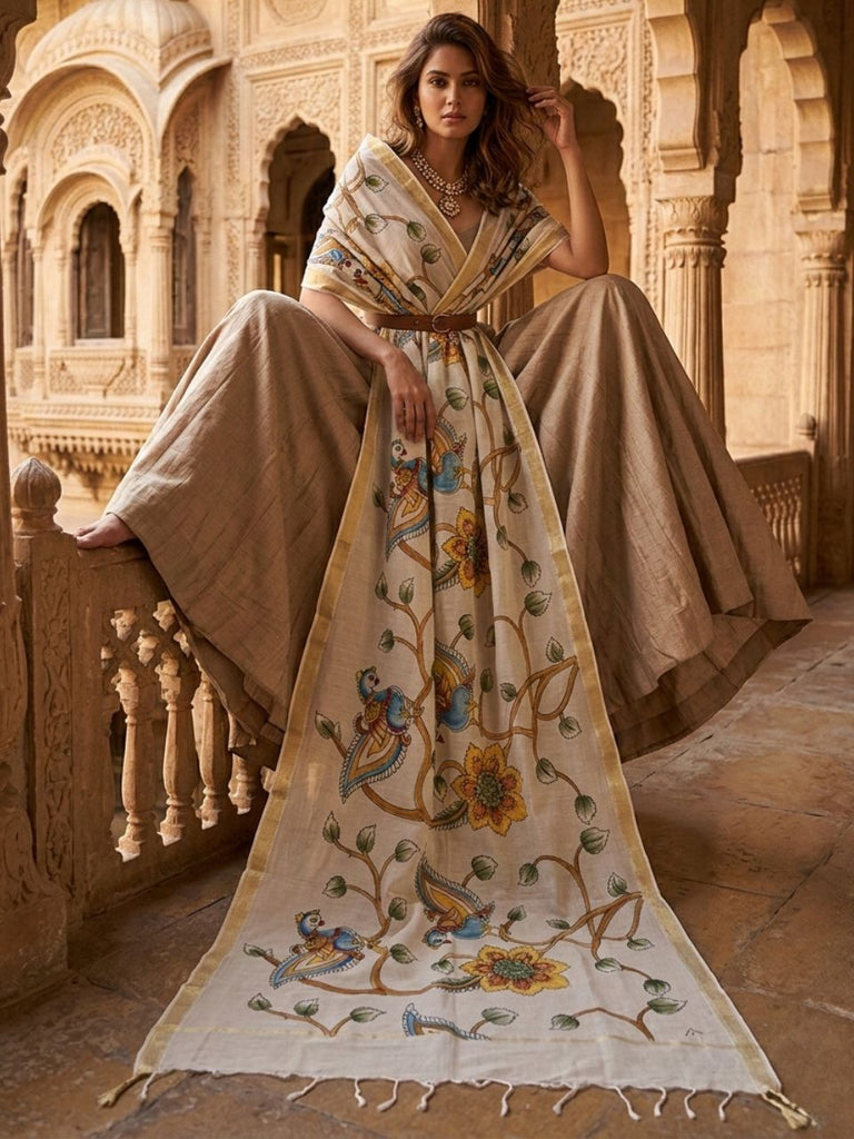 Kalamkari Brush Painted Off White & Multi Magalgiri Cotton Dupatta