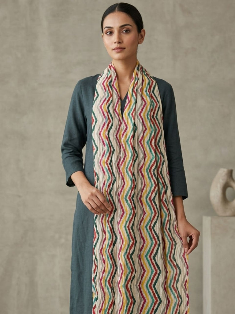 White Art Silk Crushed Dupatta with Multi Zig Zag Stripes