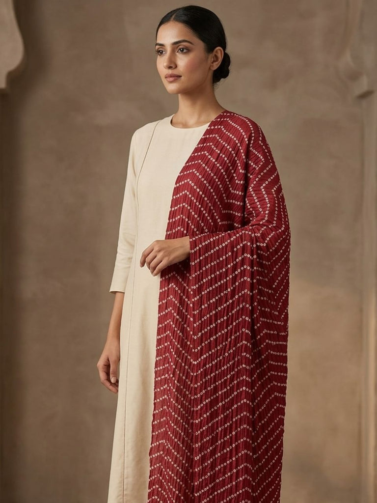 Maroon & White Printed Bandhini Art Silk Crushed Dupatta