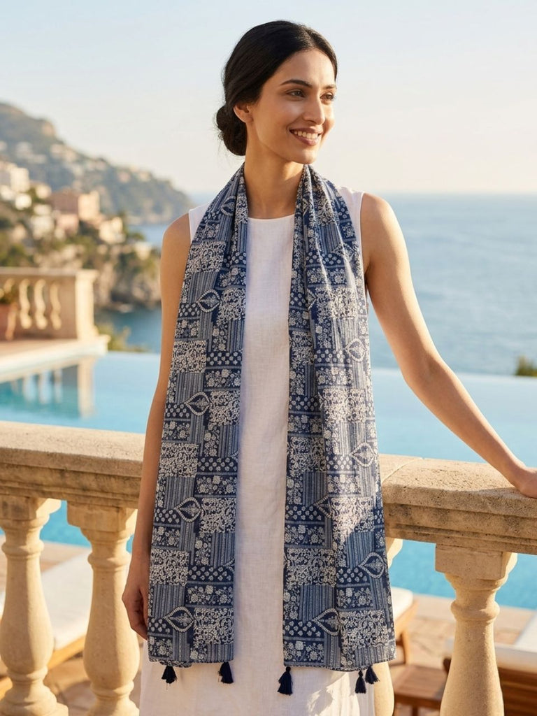 Printed Pure Indigo Mul Cotton Stole/SCARF